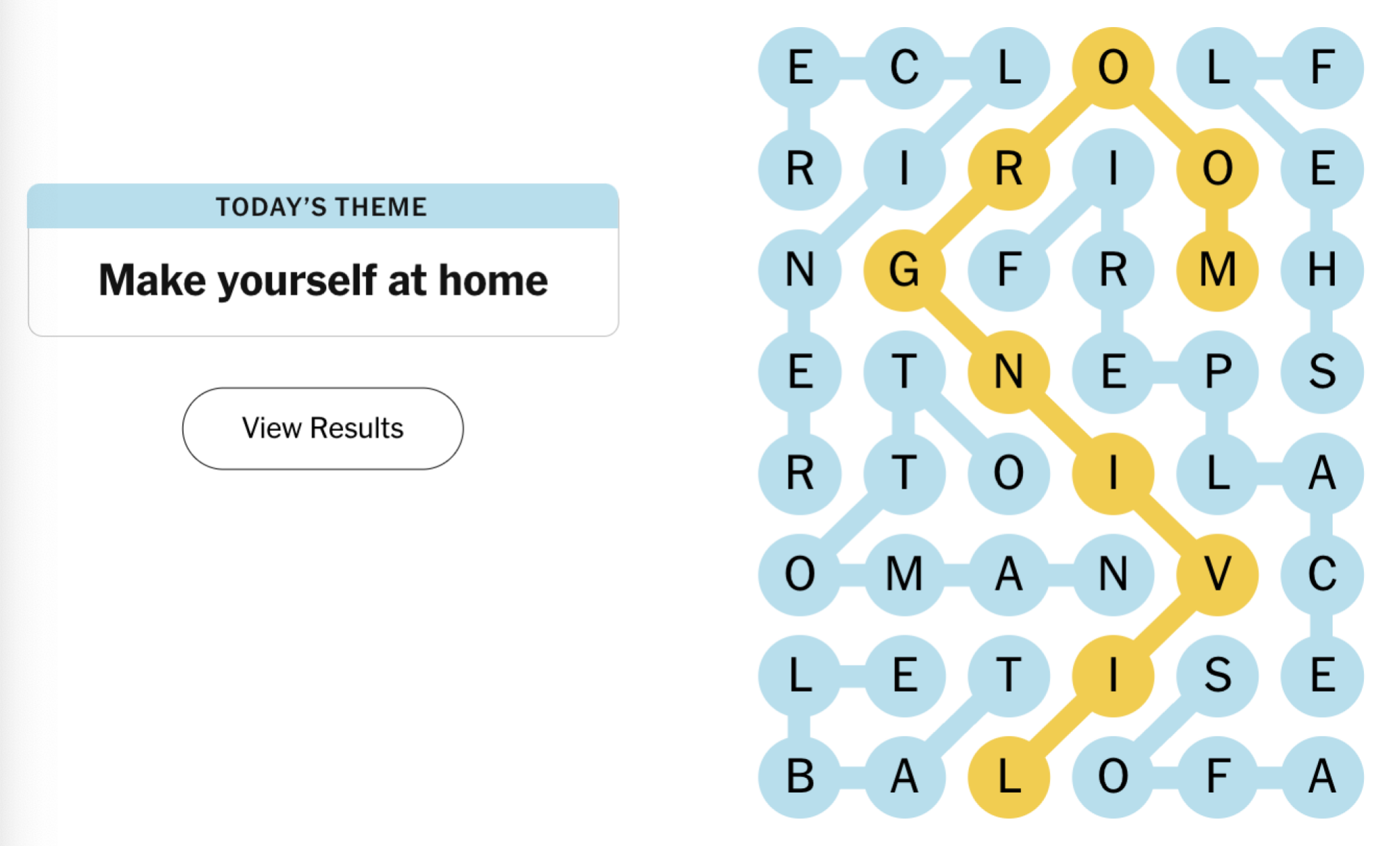 Completed NYT Strands board for October 20, 2024: Make yourself at home.